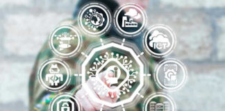 Person interacting with futuristic holographic interface and icons