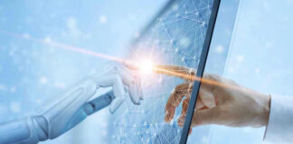 Robotic and human hands touching through a screen